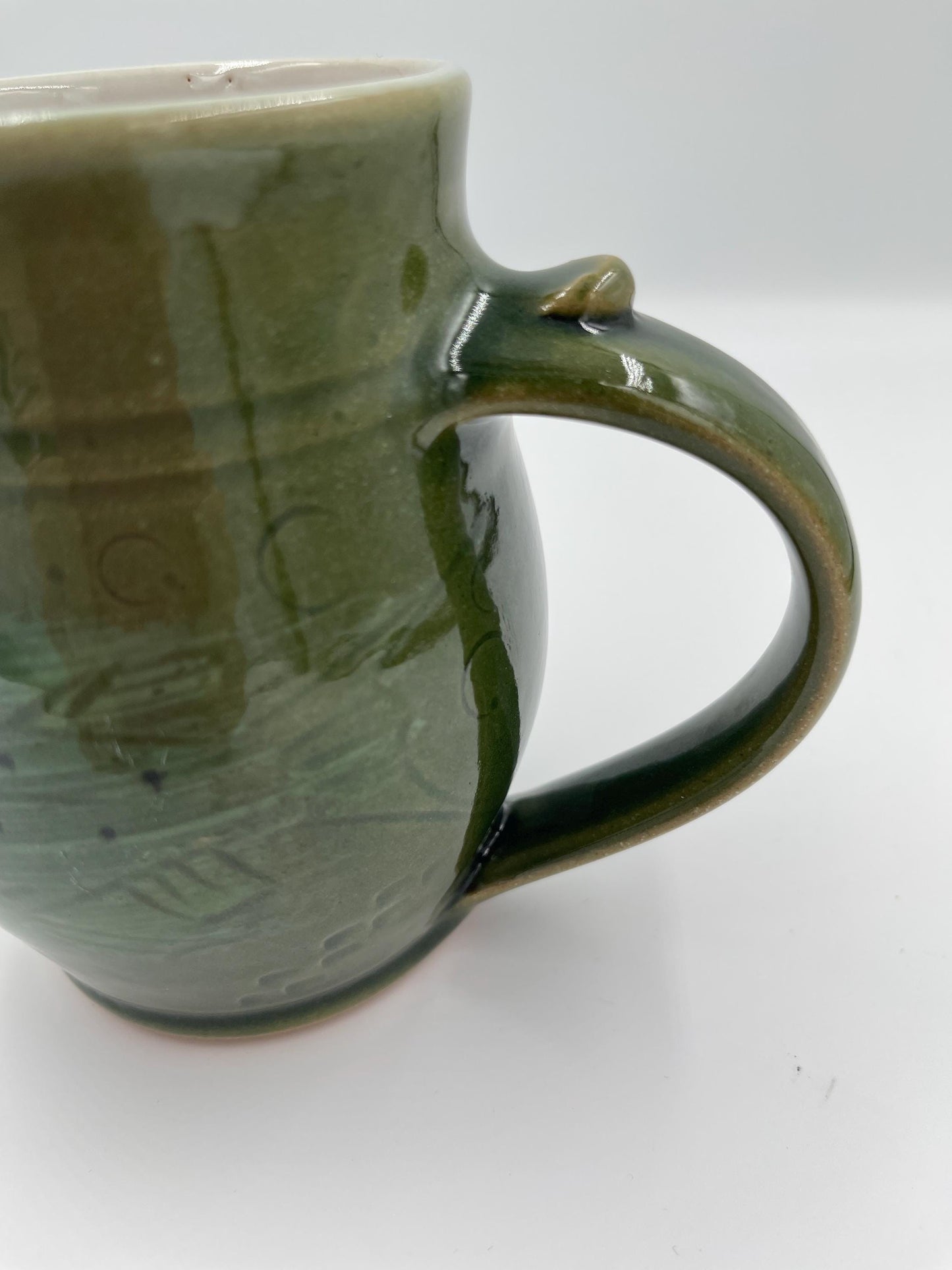 Vintage Handmade Pottery Green Mug with Fish Design