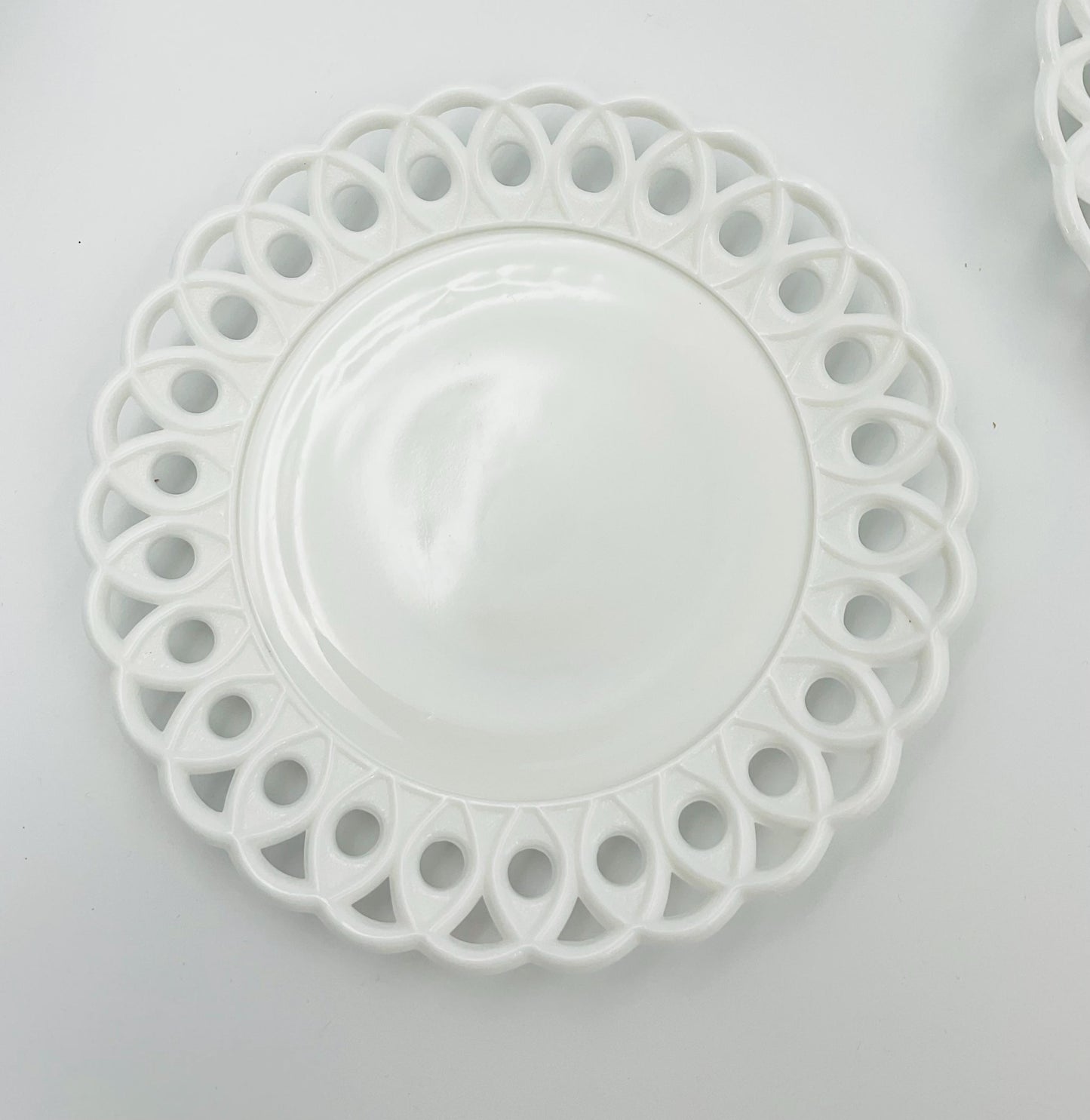 EAPG Milk Glass Plate: Victorian Scroll & Eye, Challinor Taylor Co.