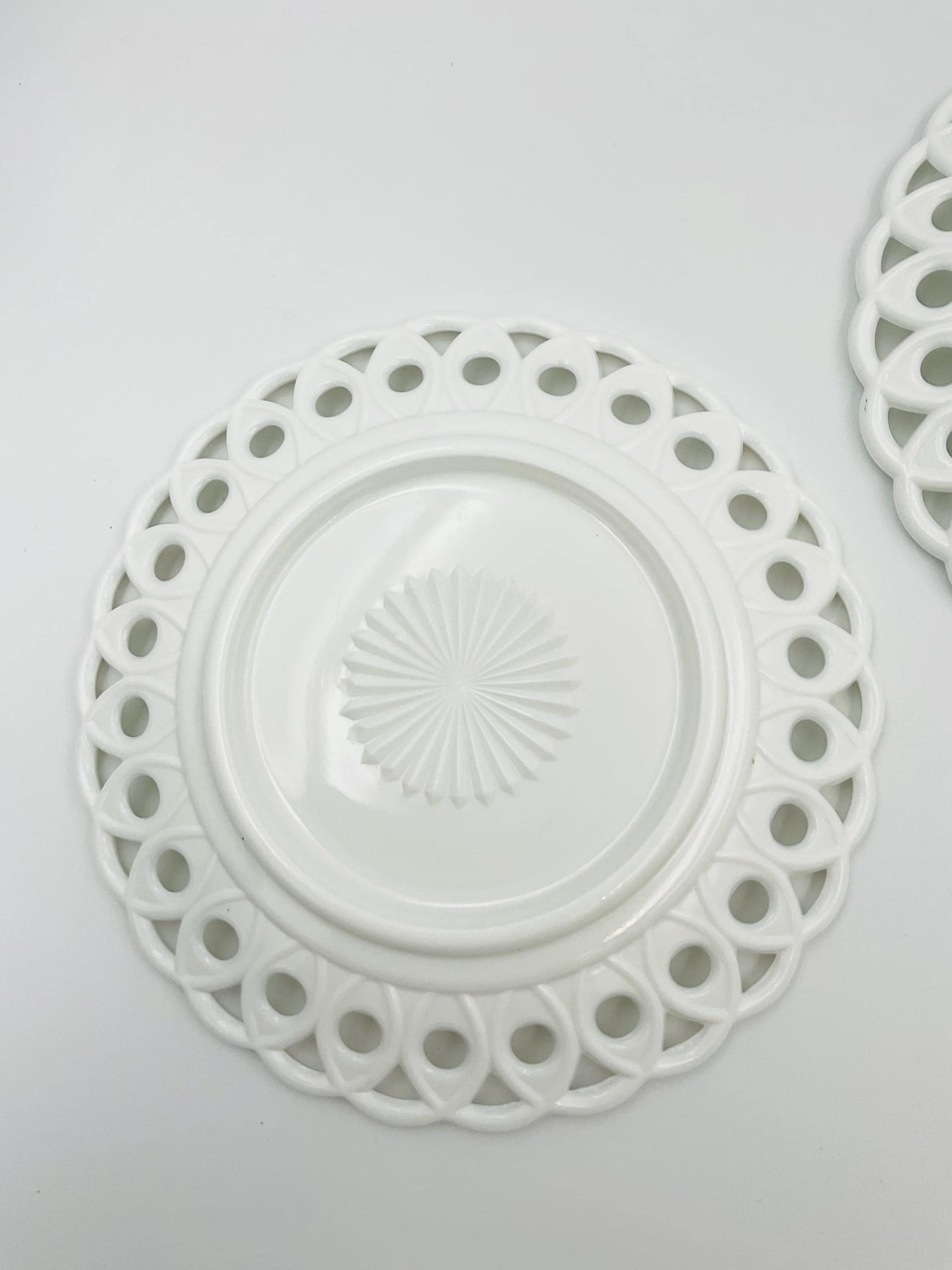 EAPG Milk Glass Plate: Victorian Scroll & Eye, Challinor Taylor Co.