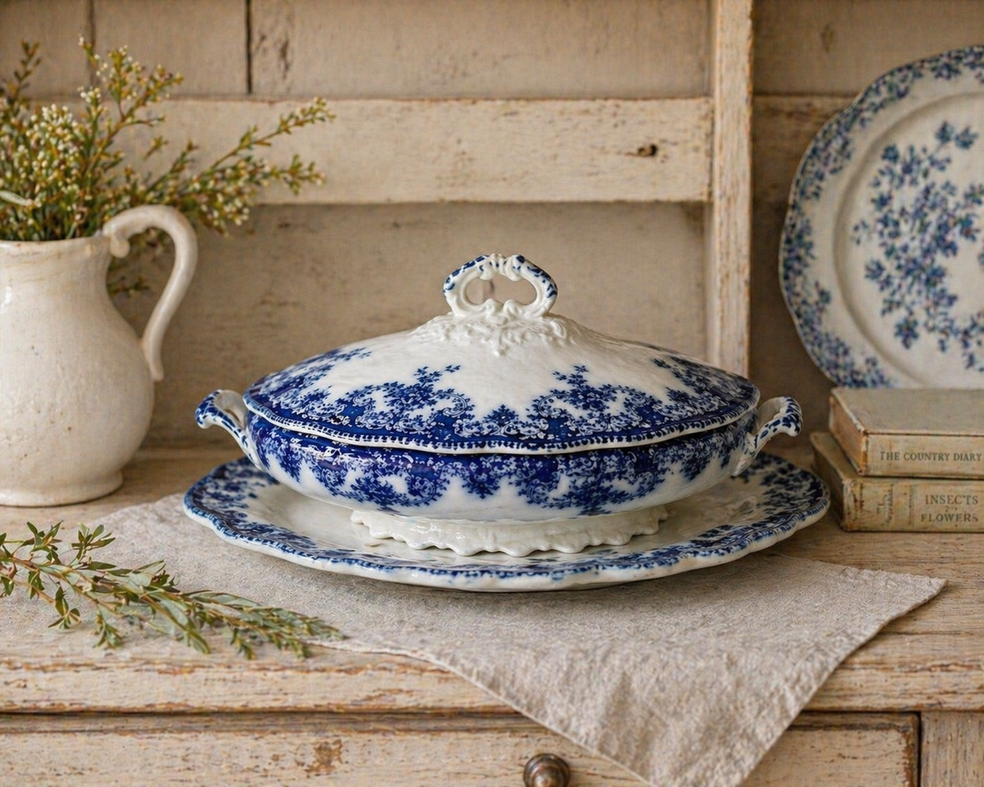 Antique New Wharf Flow Blue Covered Tureen with Underplate | English Victorian Transferware