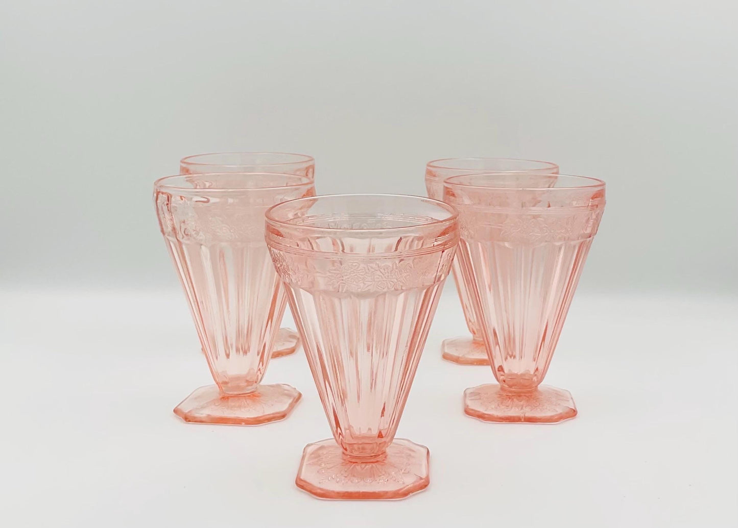 Vintage Jeannette Glass Pink Floral Blossom Square Footed Tumbler