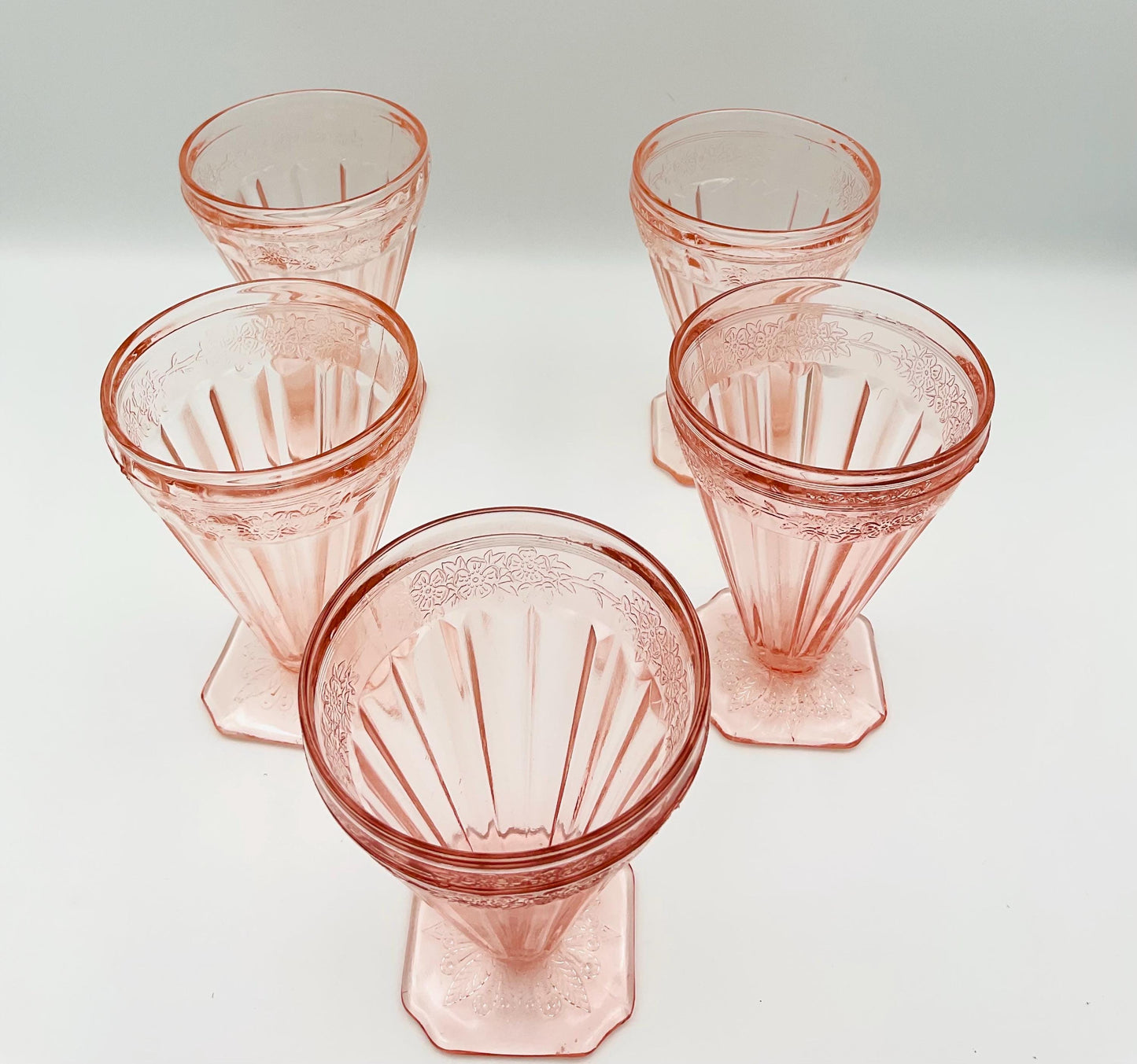 Vintage Jeannette Glass Pink Floral Blossom Square Footed Tumbler