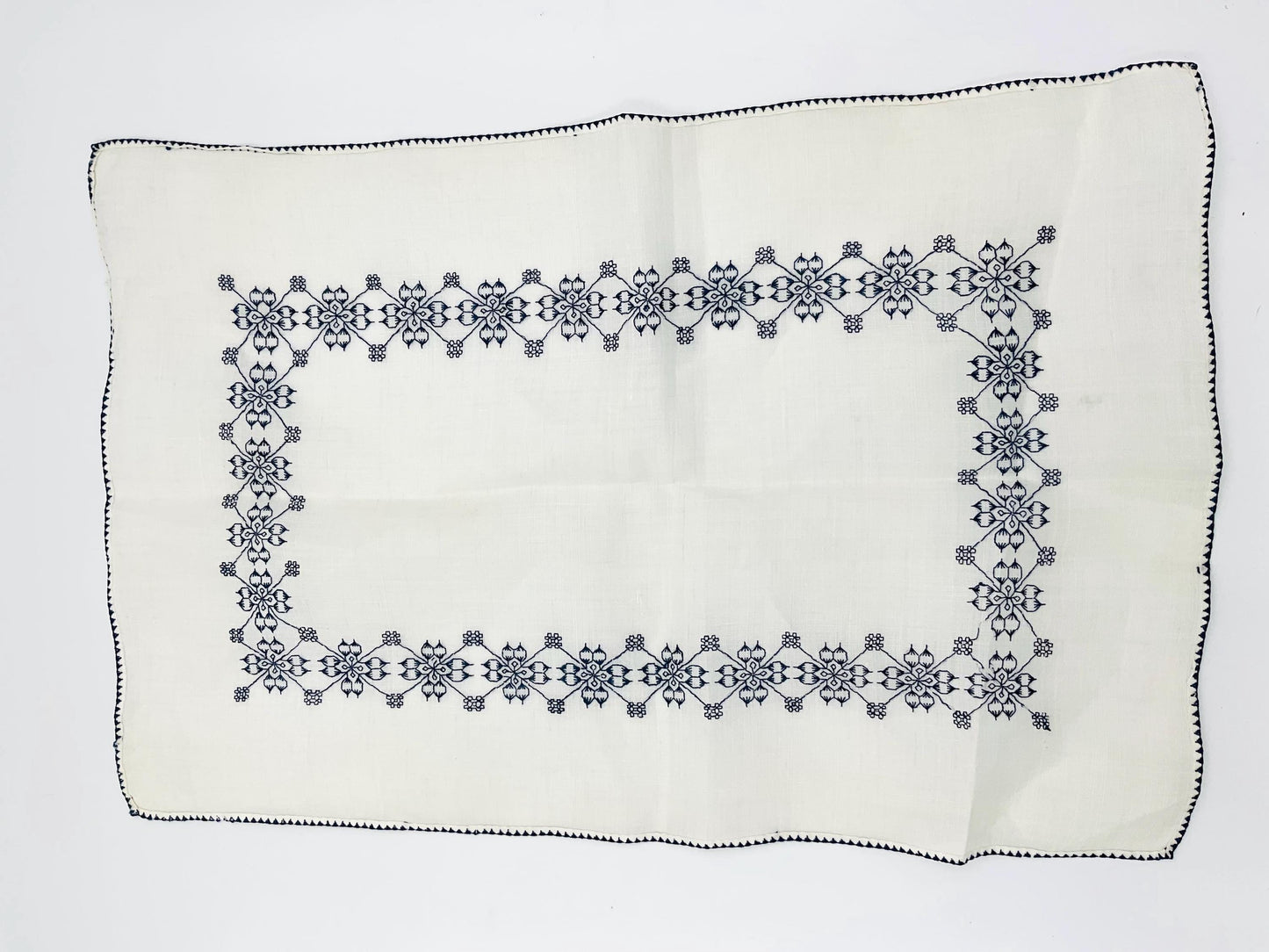 Vintage Embroidered Tray Cover Doily Blue & White Placemat 12x18