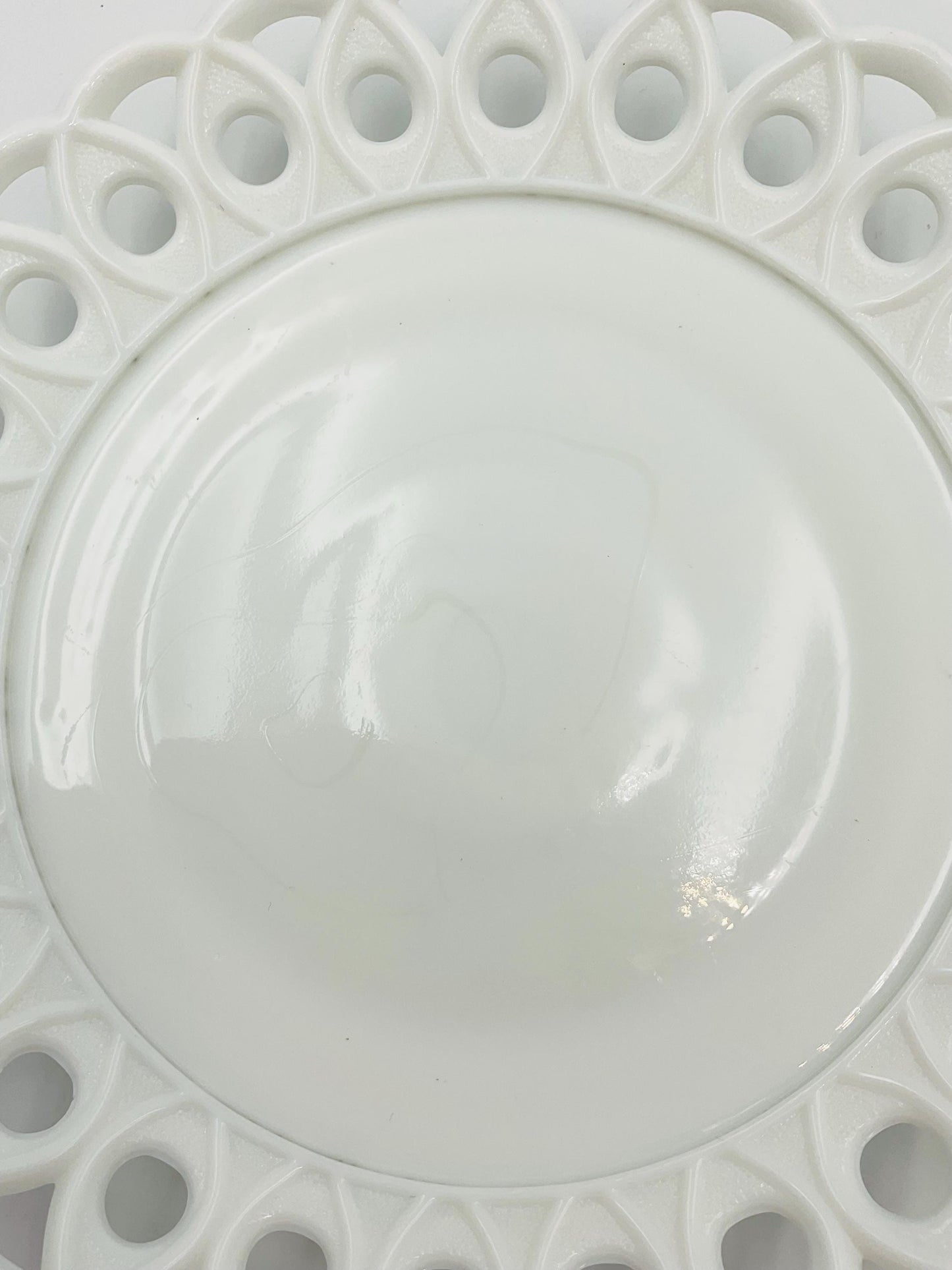 EAPG Milk Glass Plate: Victorian Scroll & Eye, Challinor Taylor Co.