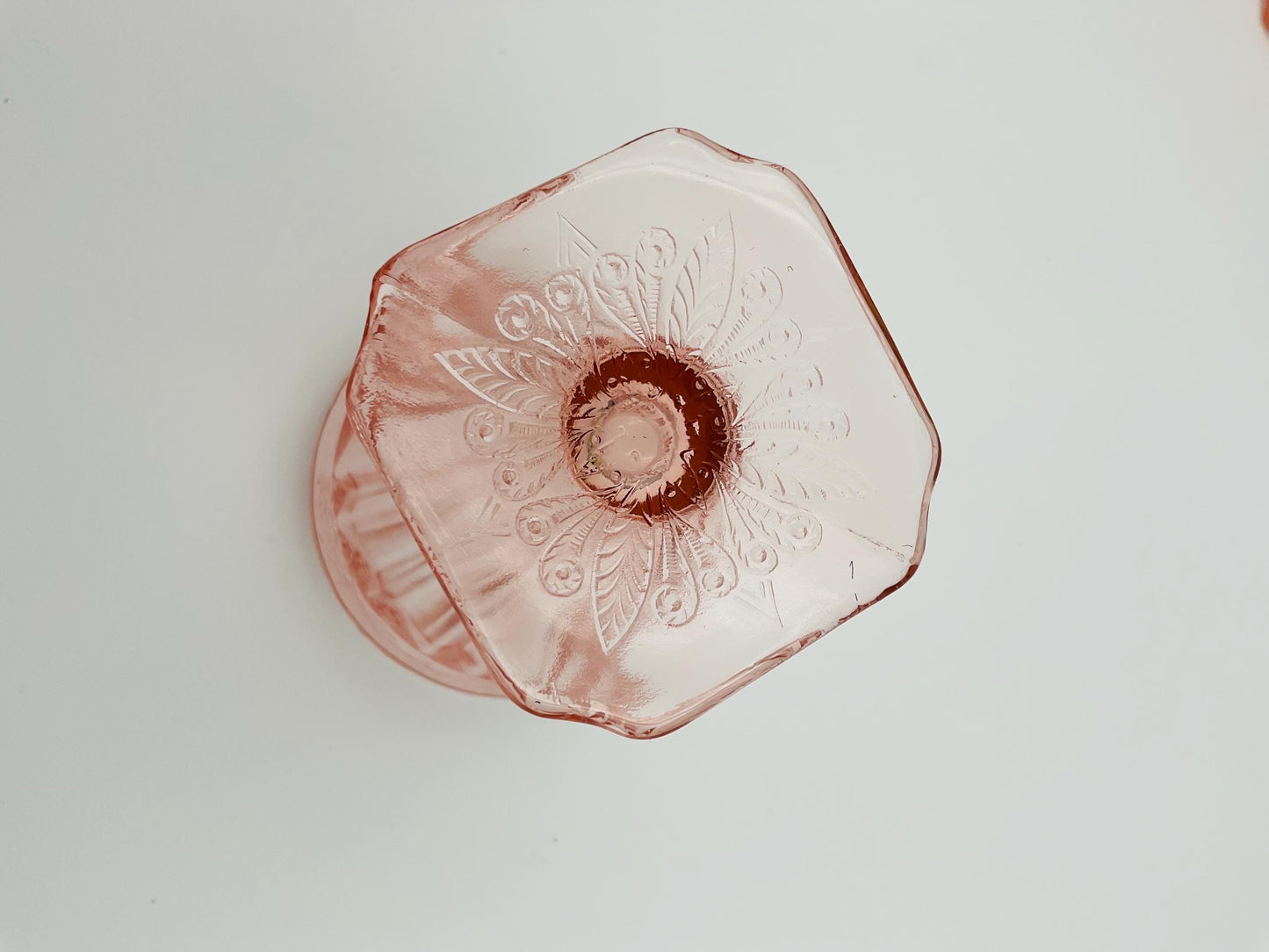Vintage Jeannette Glass Pink Floral Blossom Square Footed Tumbler