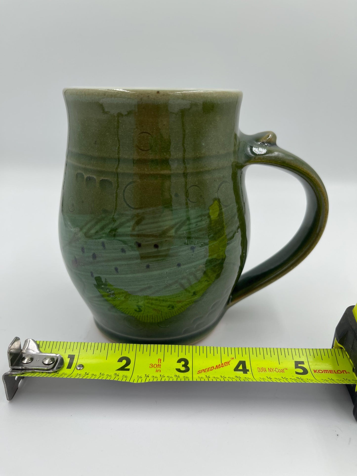 Vintage Handmade Pottery Green Mug with Fish Design