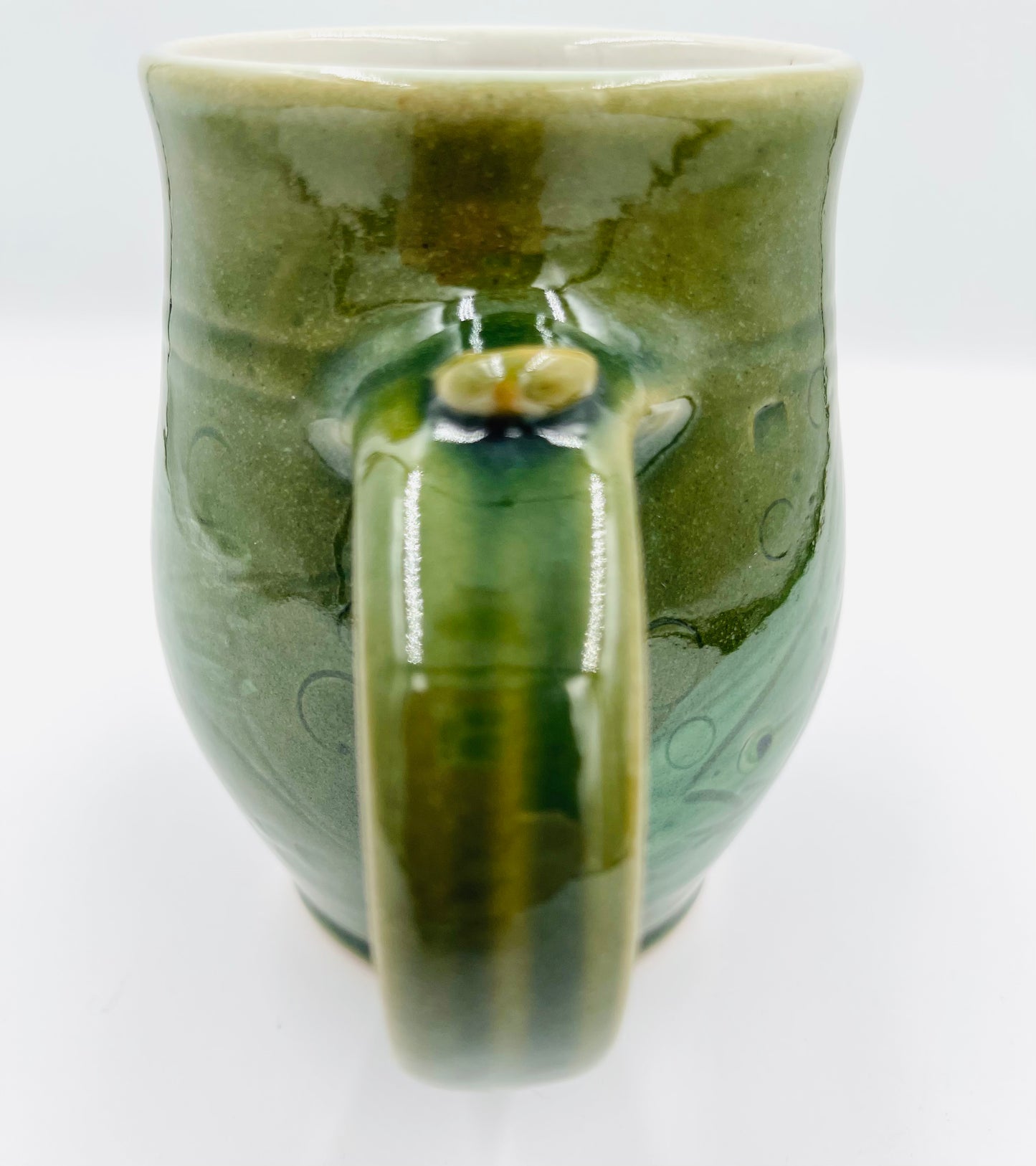 Vintage Handmade Pottery Green Mug with Fish Design