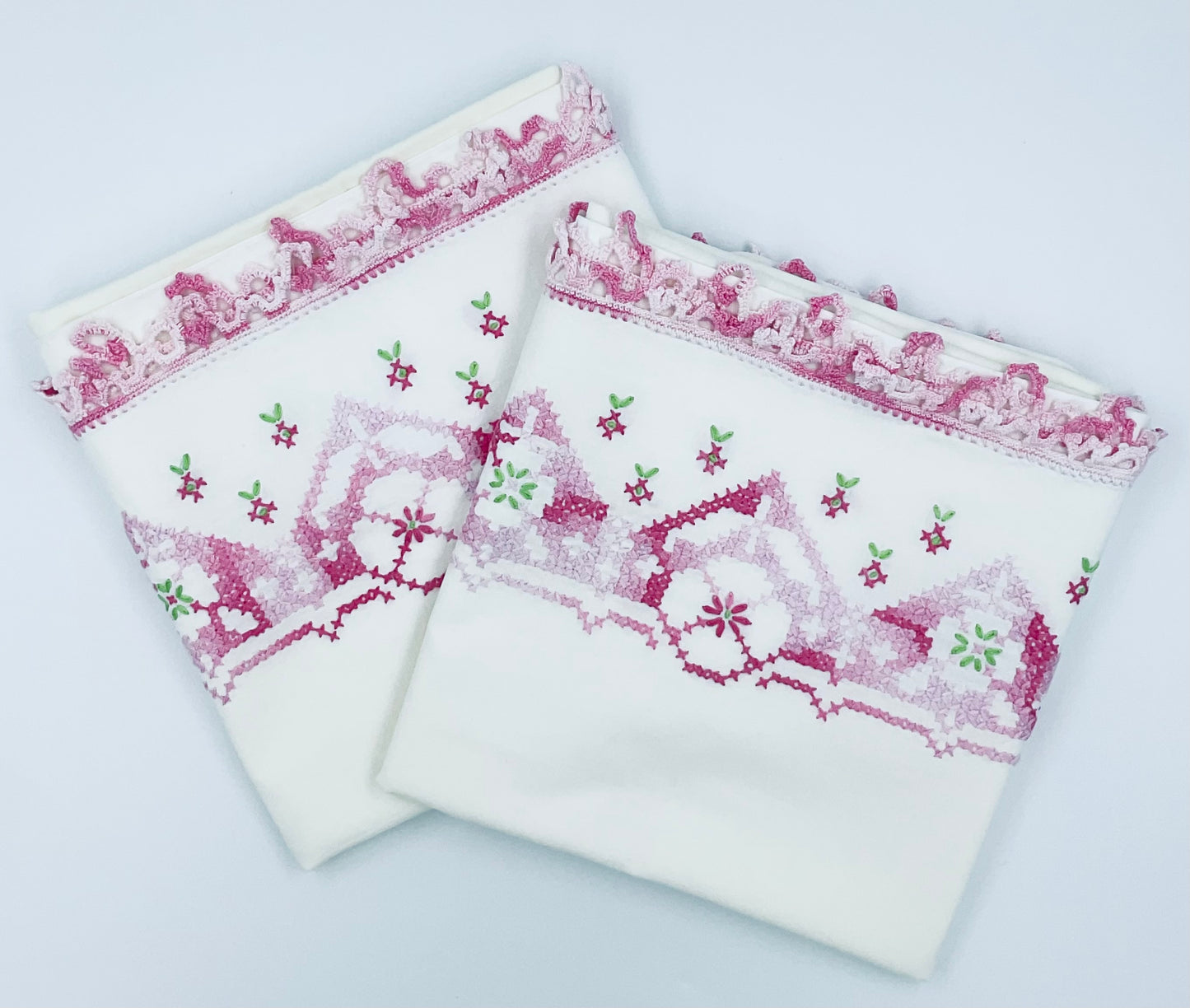Vintage Pink & White Handmade Embroidered Cotton Pillow Cases - Set of 2