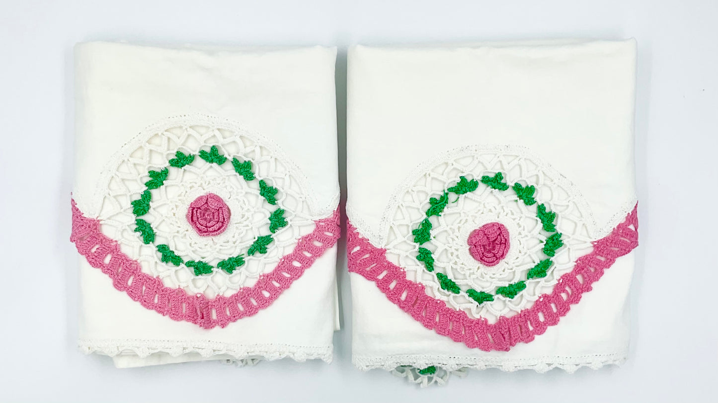 Vintage Pink & White Hand Crocheted Cotton Pillow Cases - Set of 2