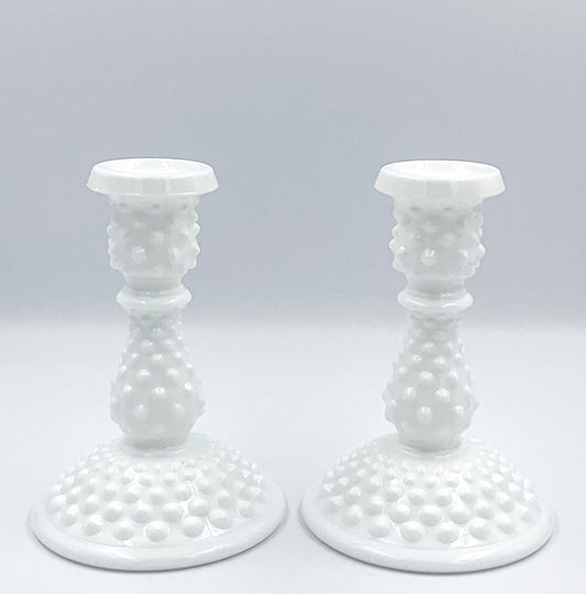 Vintage White Milk Glass Hobnail Candle Holders | Set of 2 | Cottage Farmhouse Decor | Taper Candlesticks
