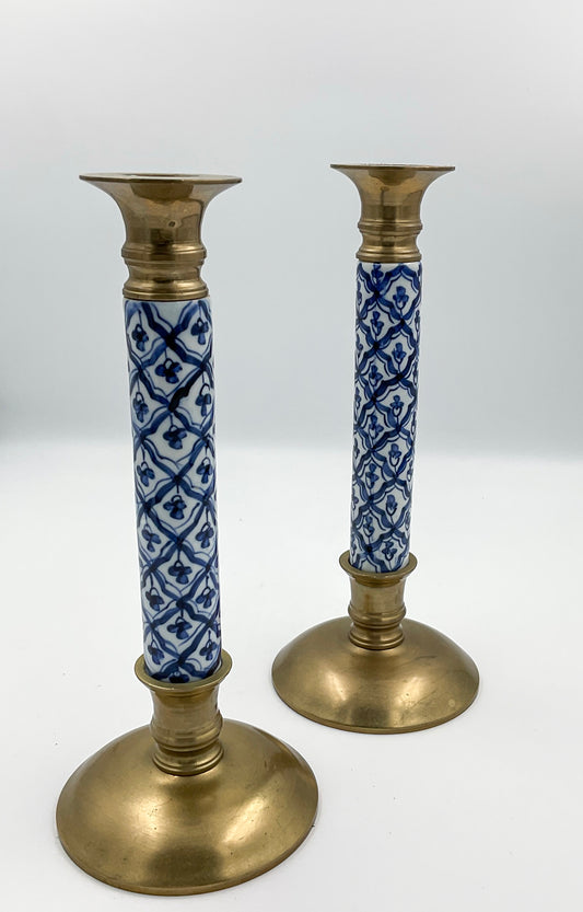 Vintage Brass & Blue and White Porcelain Chinoiserie Candlesticks
