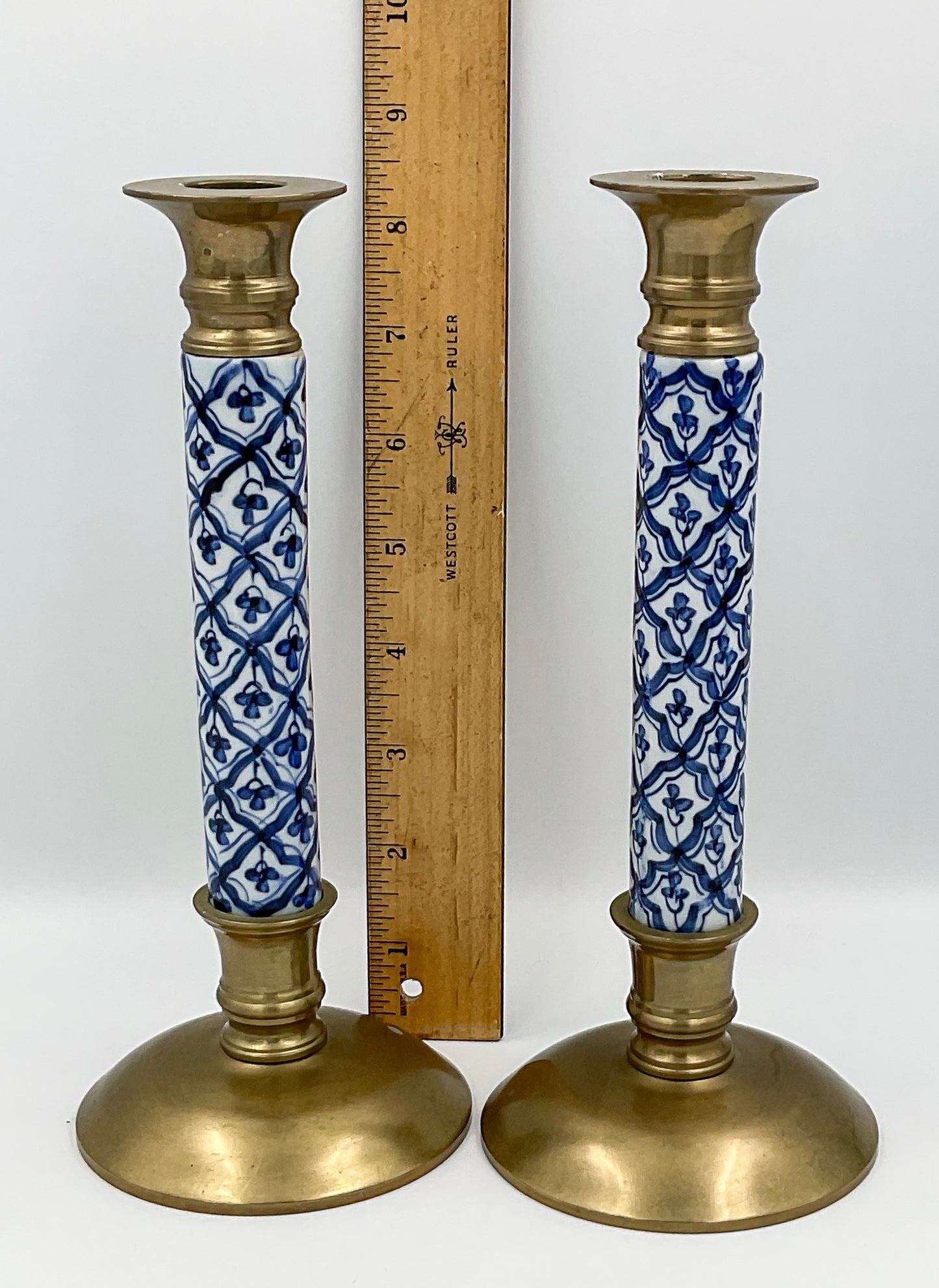Vintage Brass & Blue and White Porcelain Chinoiserie Candlesticks