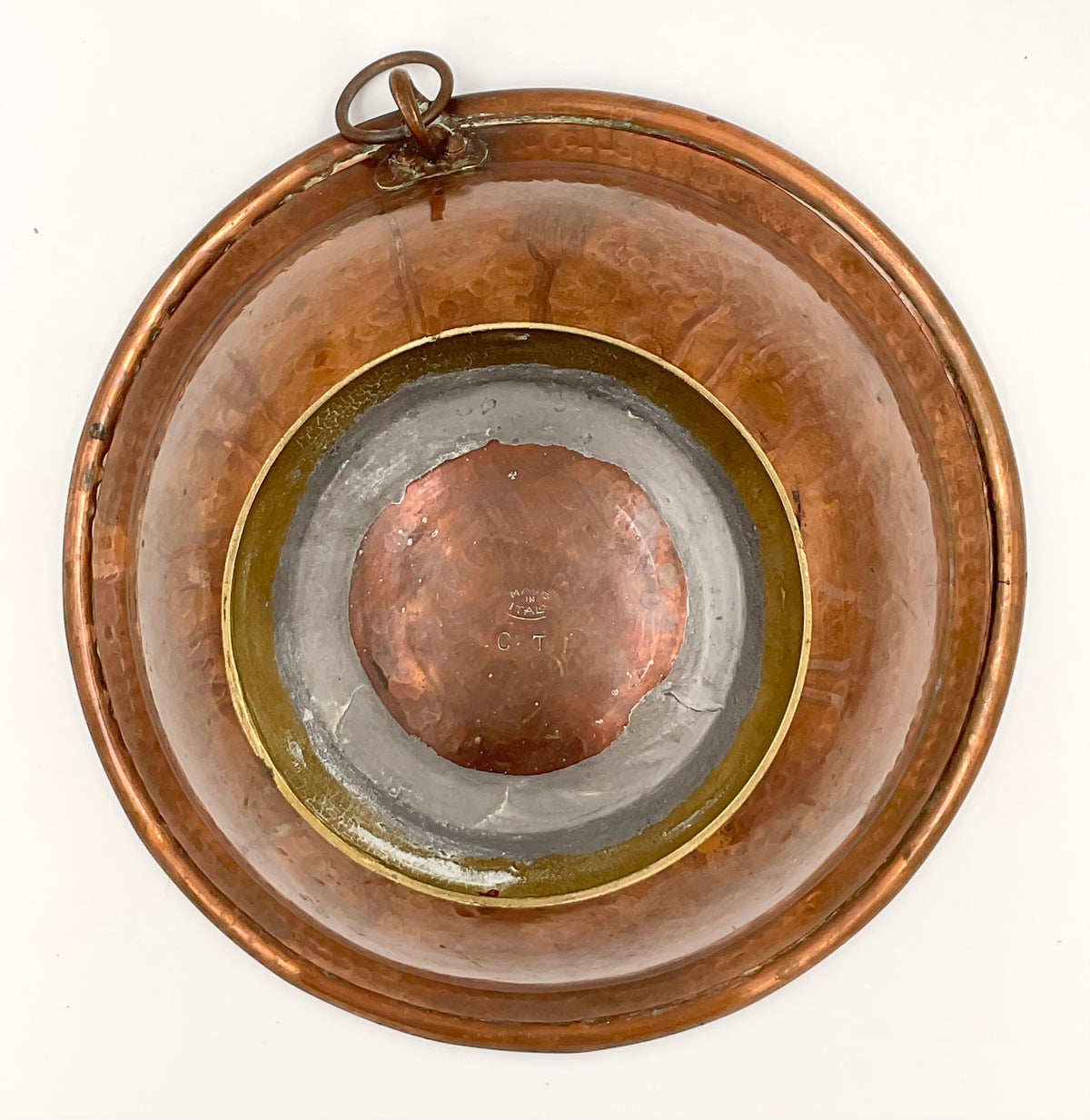 Vintage Italian Hammered Copper Footed Bowl with Brass Ring Handles