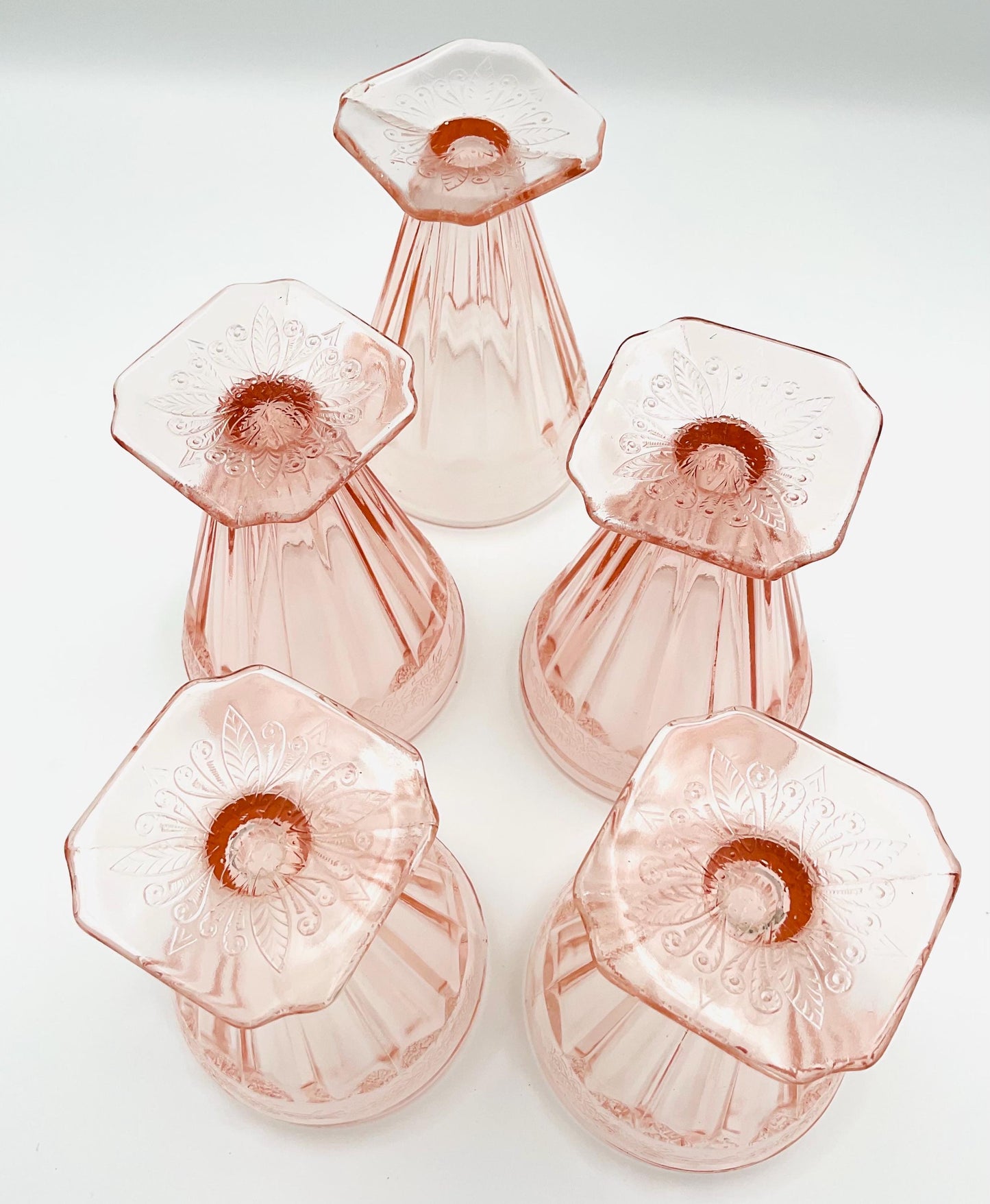 Vintage Jeannette Glass Pink Floral Blossom Square Footed Tumbler