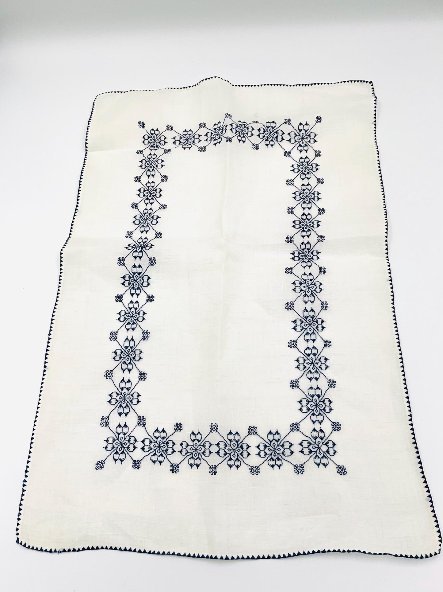 Vintage Embroidered Tray Cover Doily Blue & White Placemat 12x18