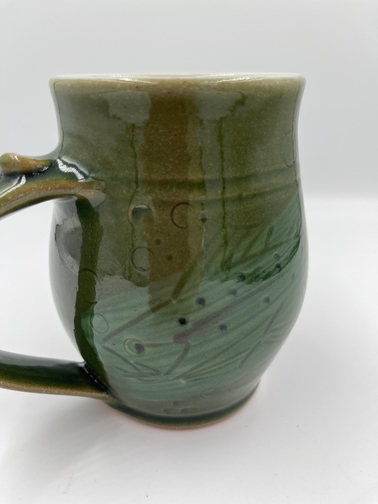 Vintage Handmade Pottery Green Mug with Fish Design