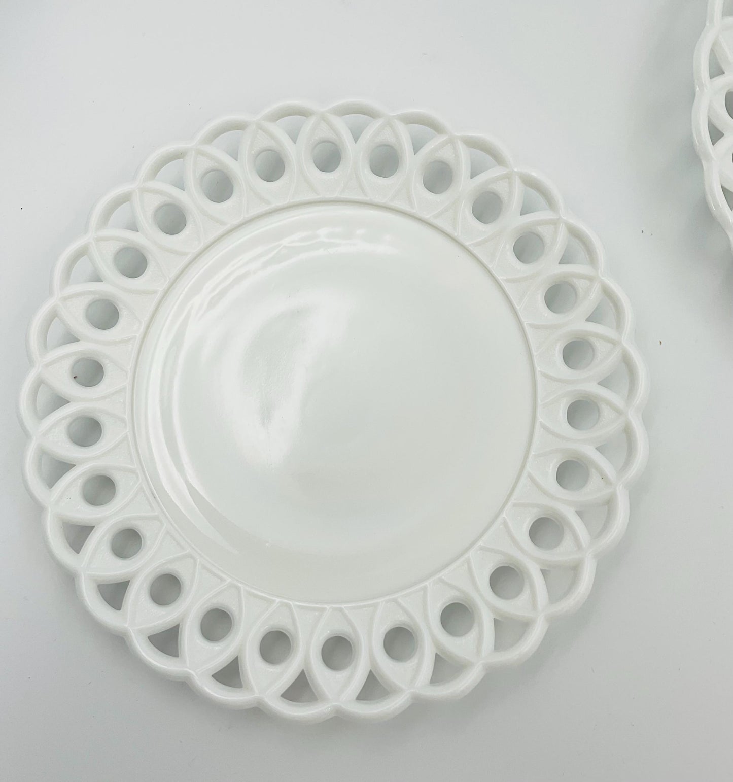EAPG Milk Glass Plate: Victorian Scroll & Eye, Challinor Taylor Co.