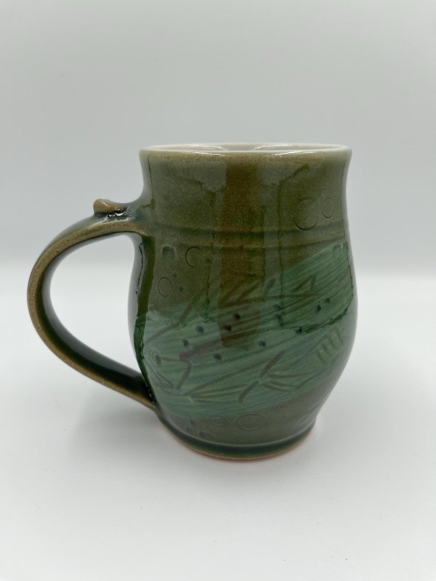 Vintage Handmade Pottery Green Mug with Fish Design
