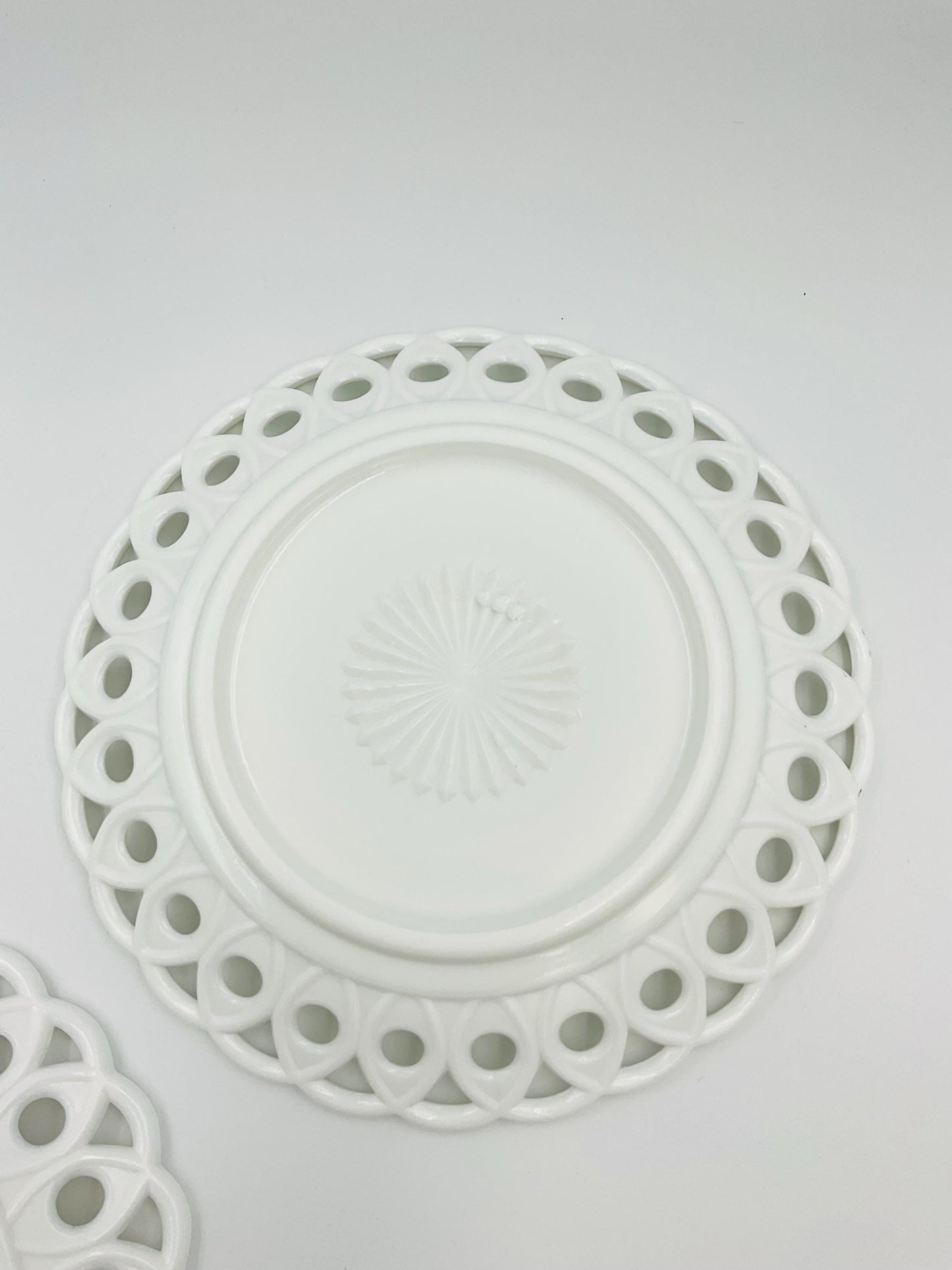 EAPG Milk Glass Plate: Victorian Scroll & Eye, Challinor Taylor Co.