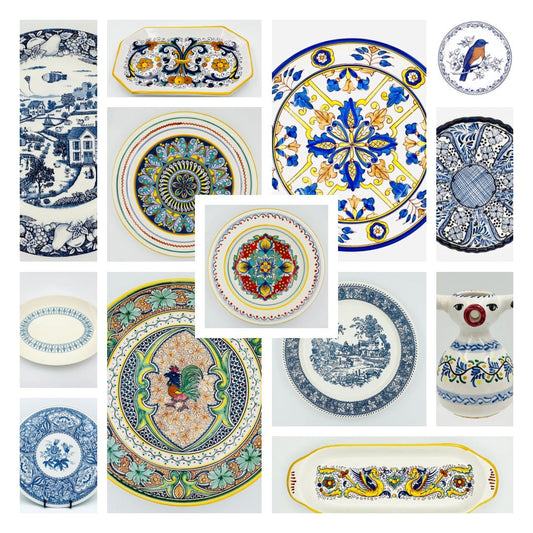 Collection of vintage serving dishes including blue and white transferware and colorful Italian majolica platters