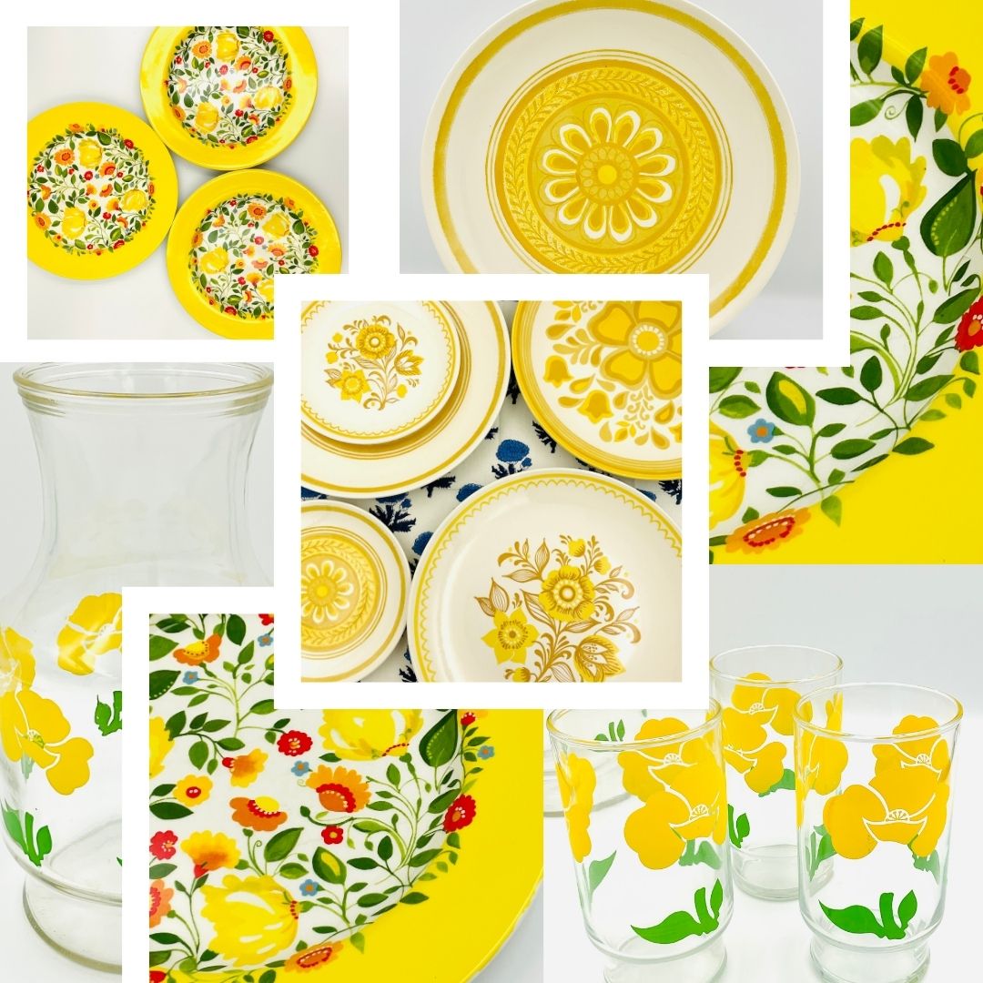 Collage of vintage butter yellow dinnerware, floral plates, glassware, and pillowcases from Bluebird Vintage Manor