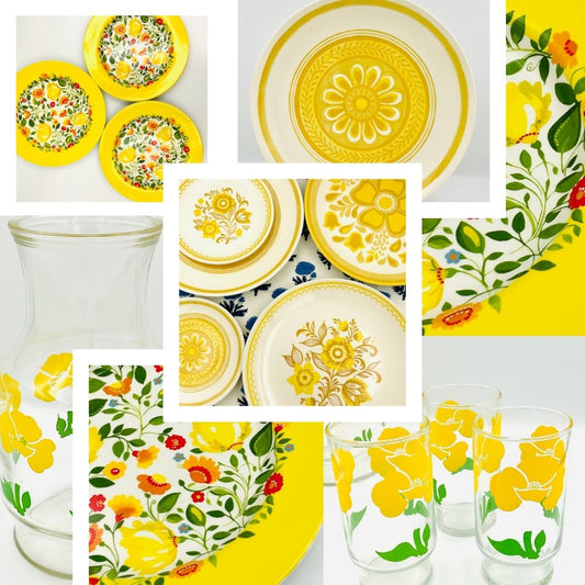Collage of vintage butter yellow dinnerware, floral plates, glassware, and pillowcases from Bluebird Vintage Manor