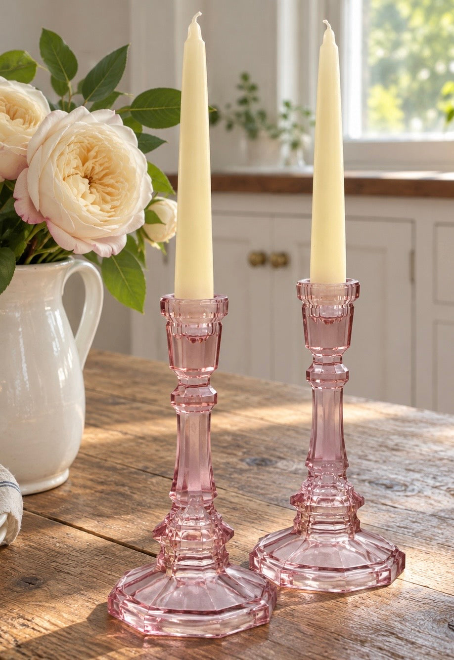 Tall Vintage Pink Pressed Glass Candlesticks – Pair