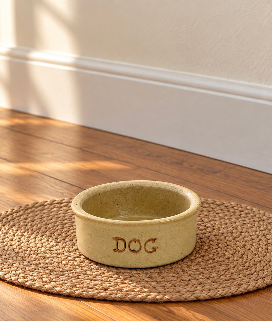 Vintage R.R.P. Co. Stoneware Dog Bowl – Tan Pottery Dish, 7.5 Inch