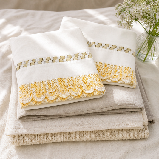 Vintage Yellow Hand Crochet Pillowcases Set of 2 | Sunny Floral Lace | Cottage Linen Bedding