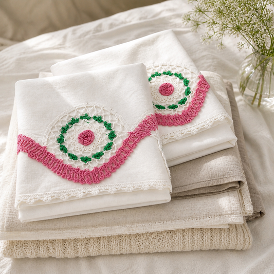 Vintage Hand Crochet Pillowcases Set of 2 | Romantic Pink & Green Floral Lace | Cottage Linen Bedding
