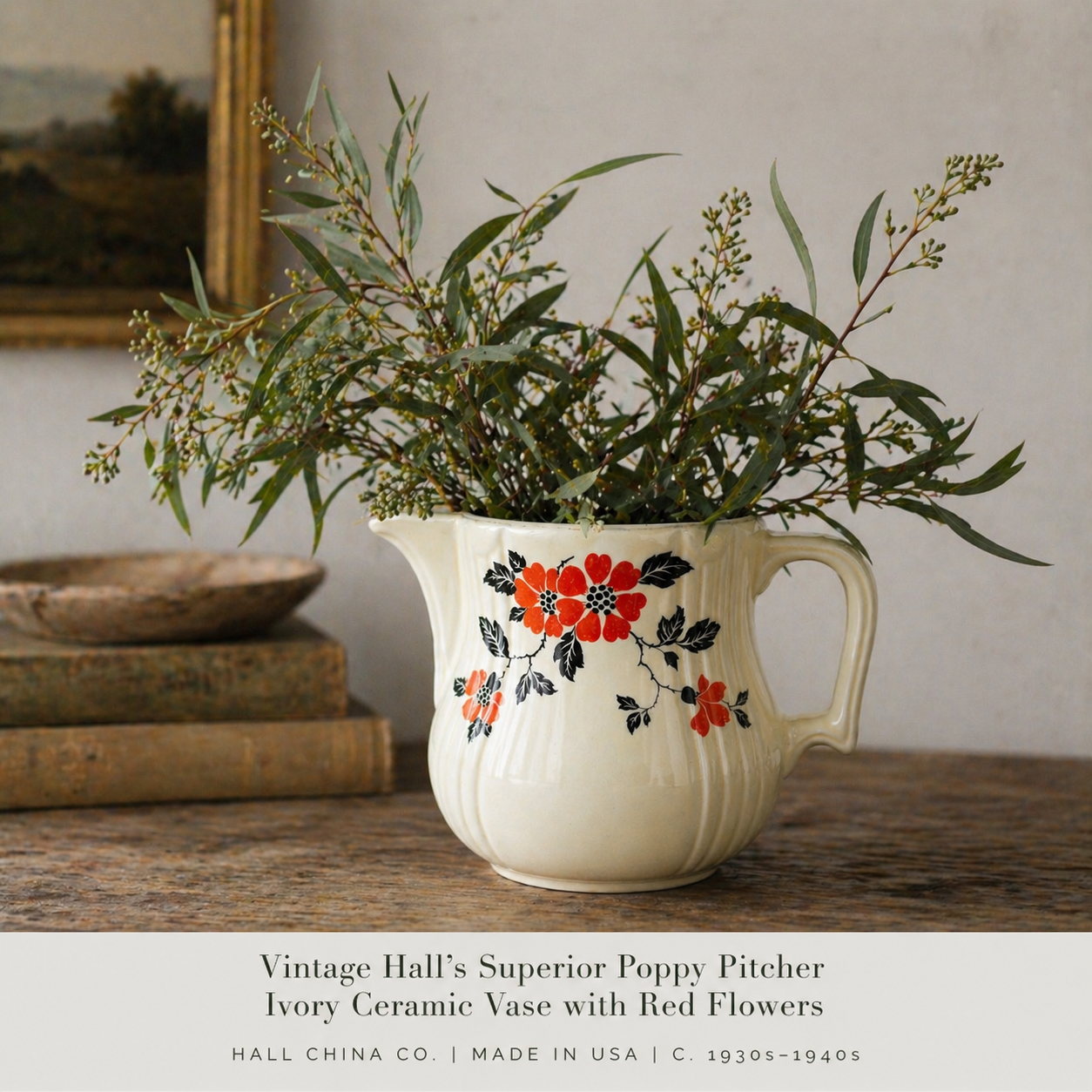 Vintage Hall China Red Poppy Pitcher — 1950s Mid-Century Kitchenware
