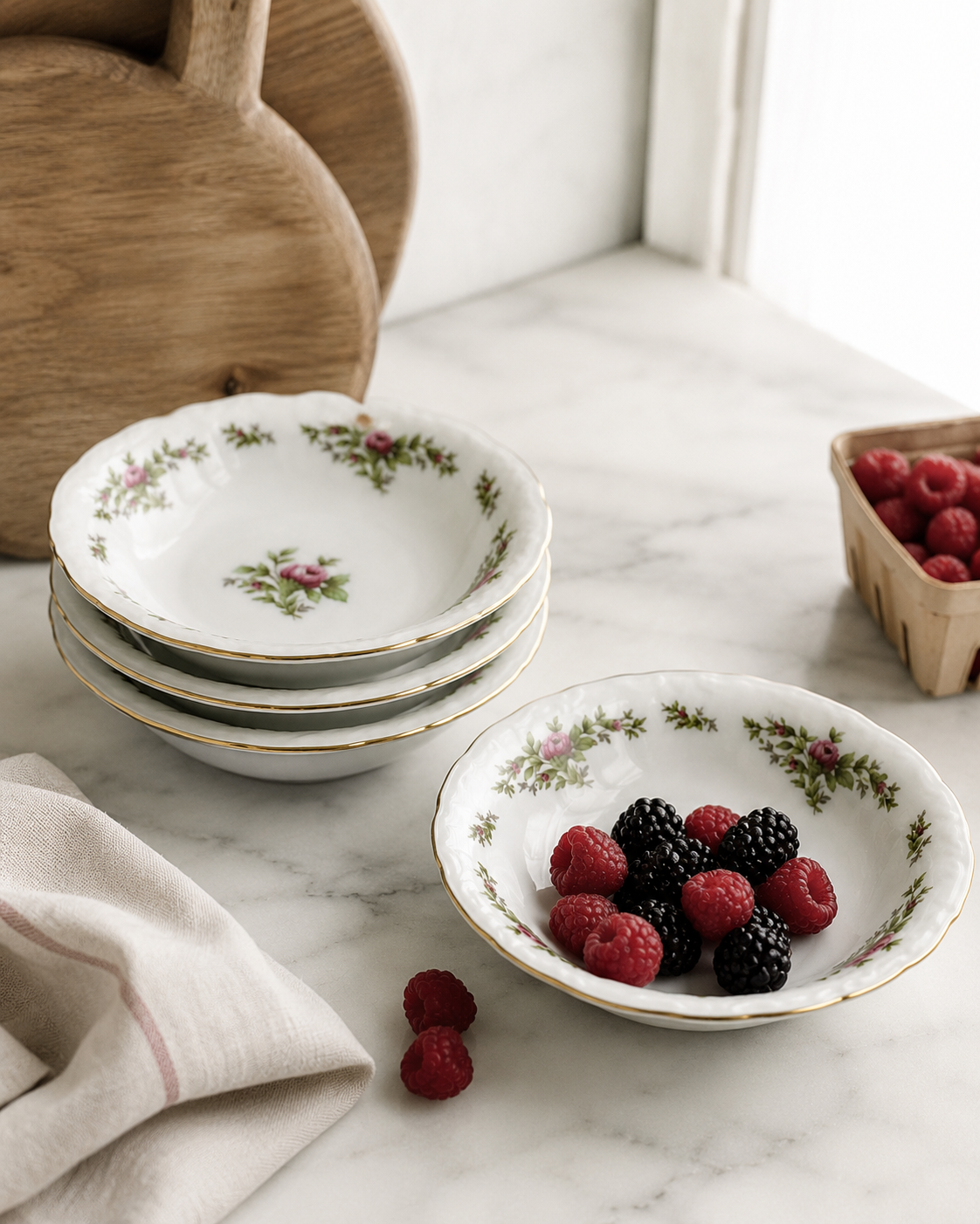 Vintage Johann Haviland Moss Rose Fine China Berry Bowls - Set of 4