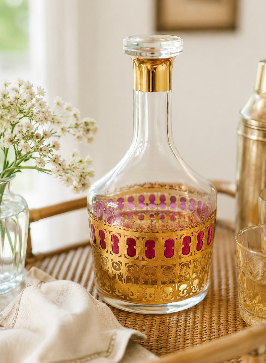 Vintage Culver Cranberry Scroll Glass Decanter — No Lid