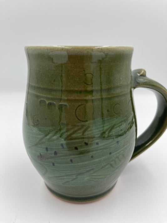 Vintage Handmade Pottery Green Mug with Fish Design