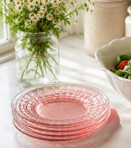 Vintage Anchor Hocking Pink Depression Glass Block Optic Salad Plates — Set of 4