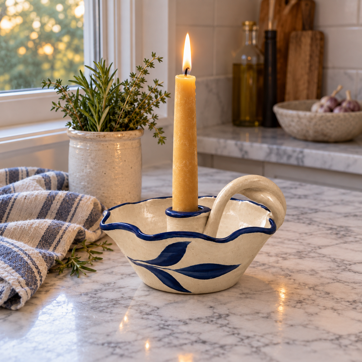 Vintage Williamsburg Pottery Blue and White Stoneware Chamberstick Candle Holder