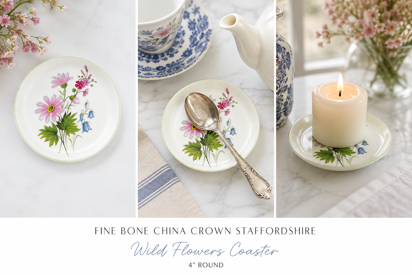 Vintage Crown Staffordshire Wild Flowers Bone China Coaster — Original Box