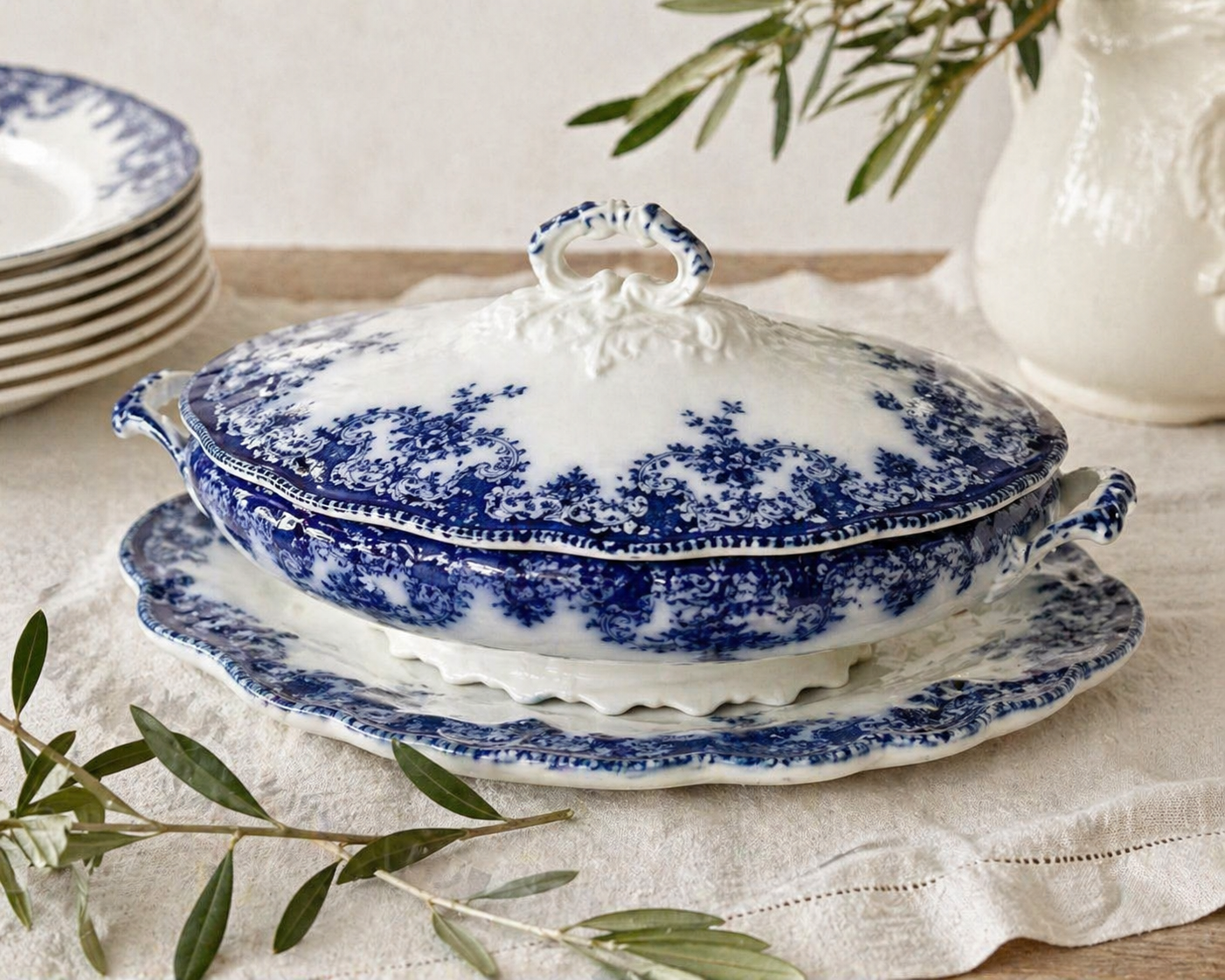 Antique New Wharf Flow Blue Covered Tureen with Underplate | English Victorian Transferware