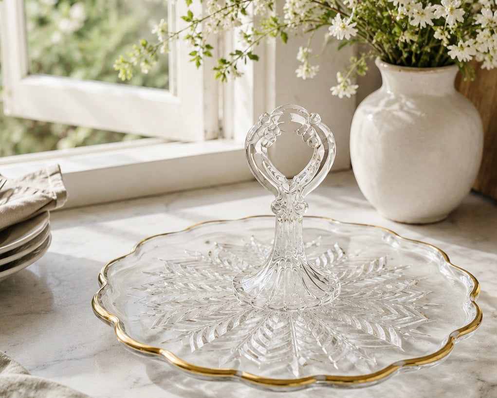 Vintage Jeannette Glass Feather Pattern Tidbit Tray | Sandwich Plate & Appetizer Server
