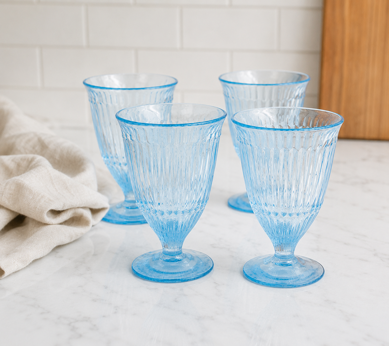 Vintage Fostoria Light Blue Ribbed Water Goblets — Set of 4