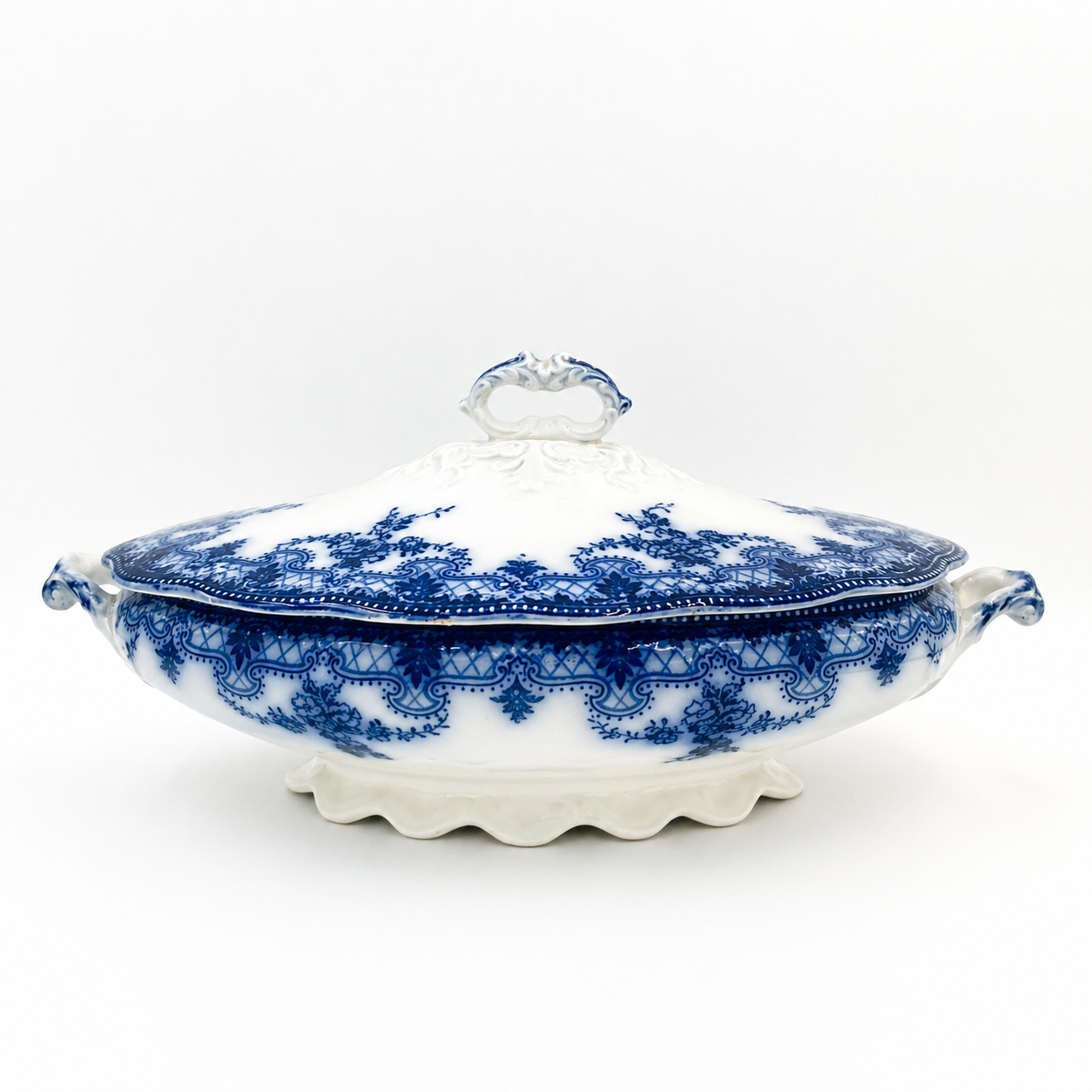 Antique New Wharf Flow Blue Covered Tureen with Underplate | English Victorian Transferware