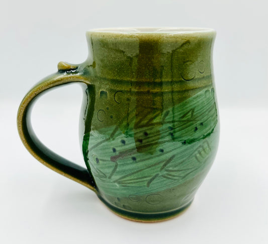 Vintage Handmade Pottery Green Mug with Fish Design