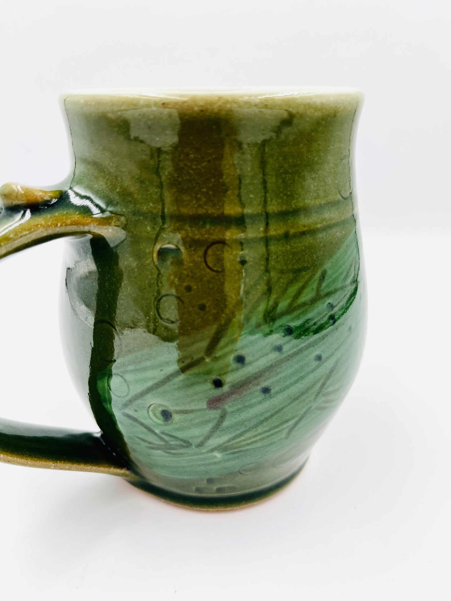 Vintage Handmade Pottery Green Mug with Fish Design