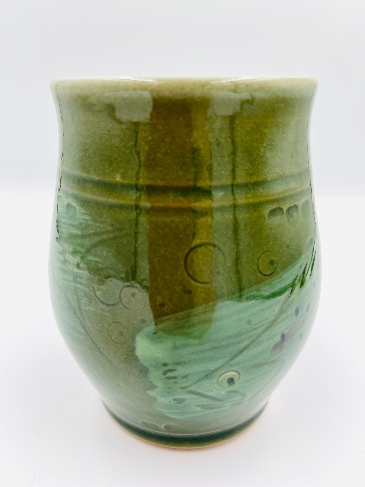 Vintage Handmade Pottery Green Mug with Fish Design