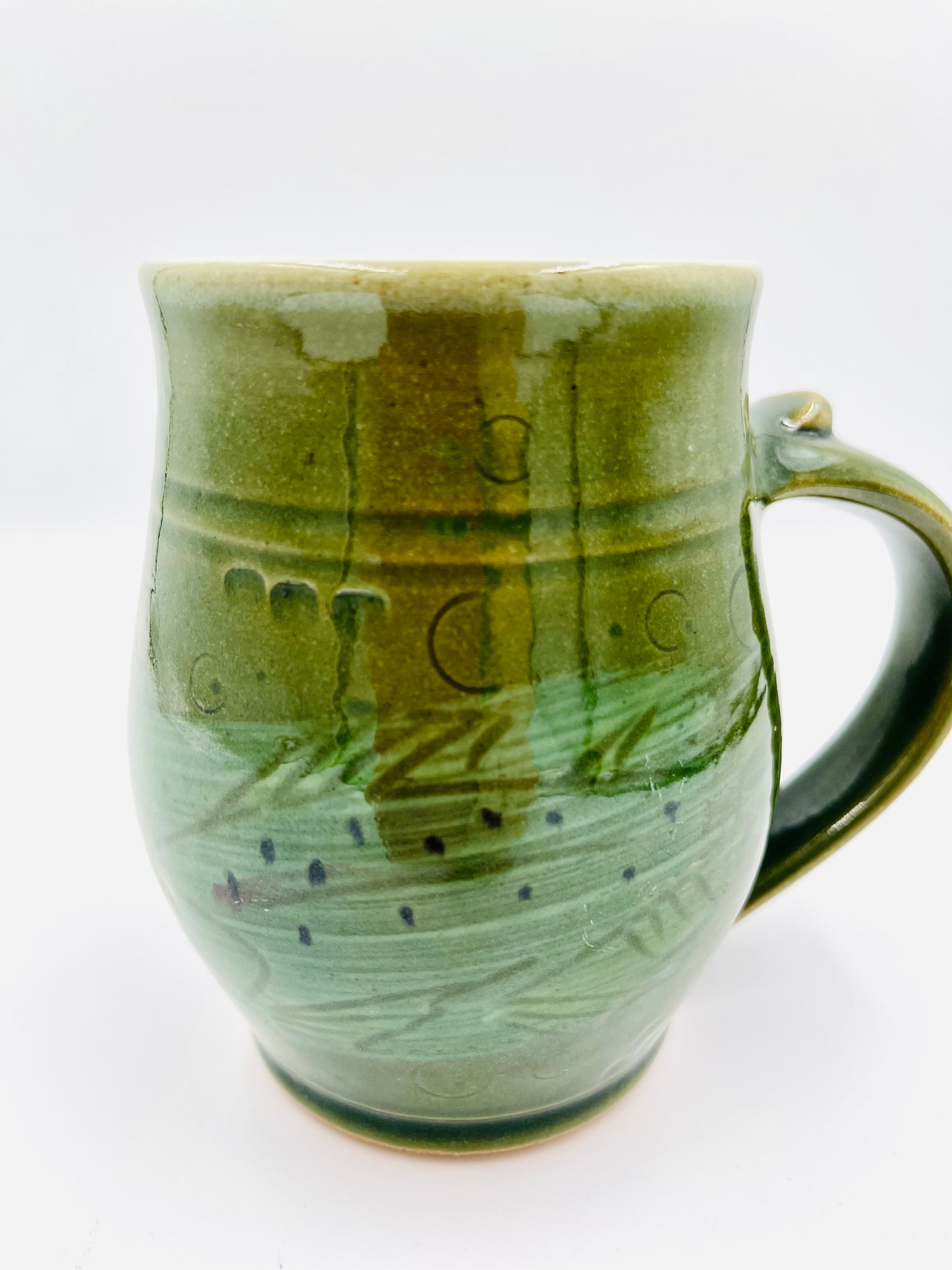 Vintage Handmade Pottery Green Mug with Fish Design