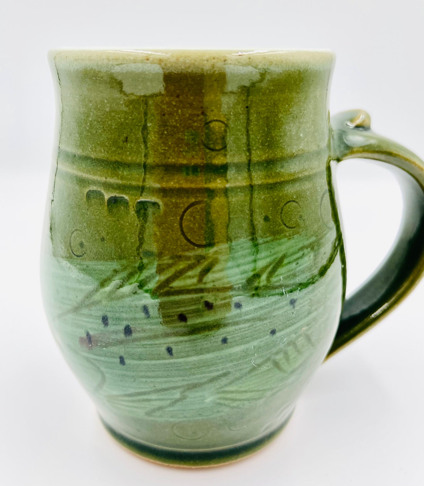 Vintage Handmade Pottery Green Mug with Fish Design