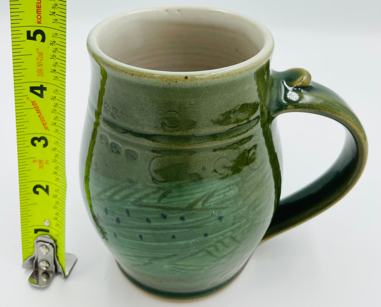 Vintage Handmade Pottery Green Mug with Fish Design