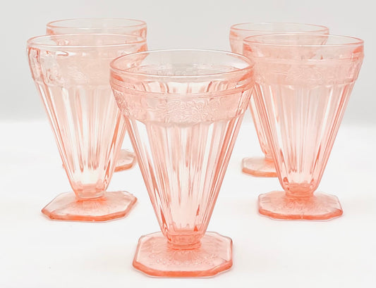 Vintage Jeannette Glass Pink Floral Blossom Square Footed Tumbler - Set of 5