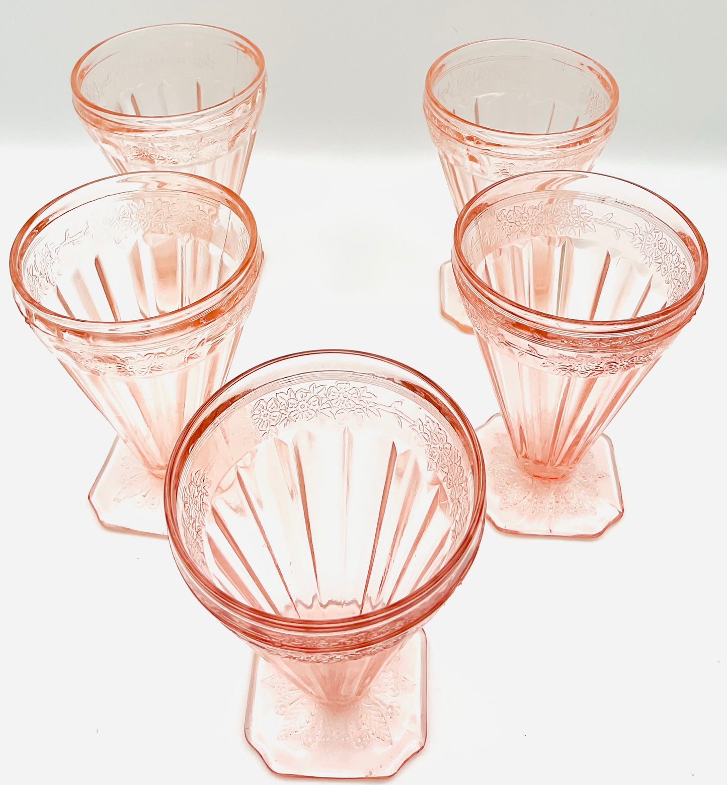 Vintage Jeannette Glass Pink Floral Blossom Square Footed Tumbler - Set of 5