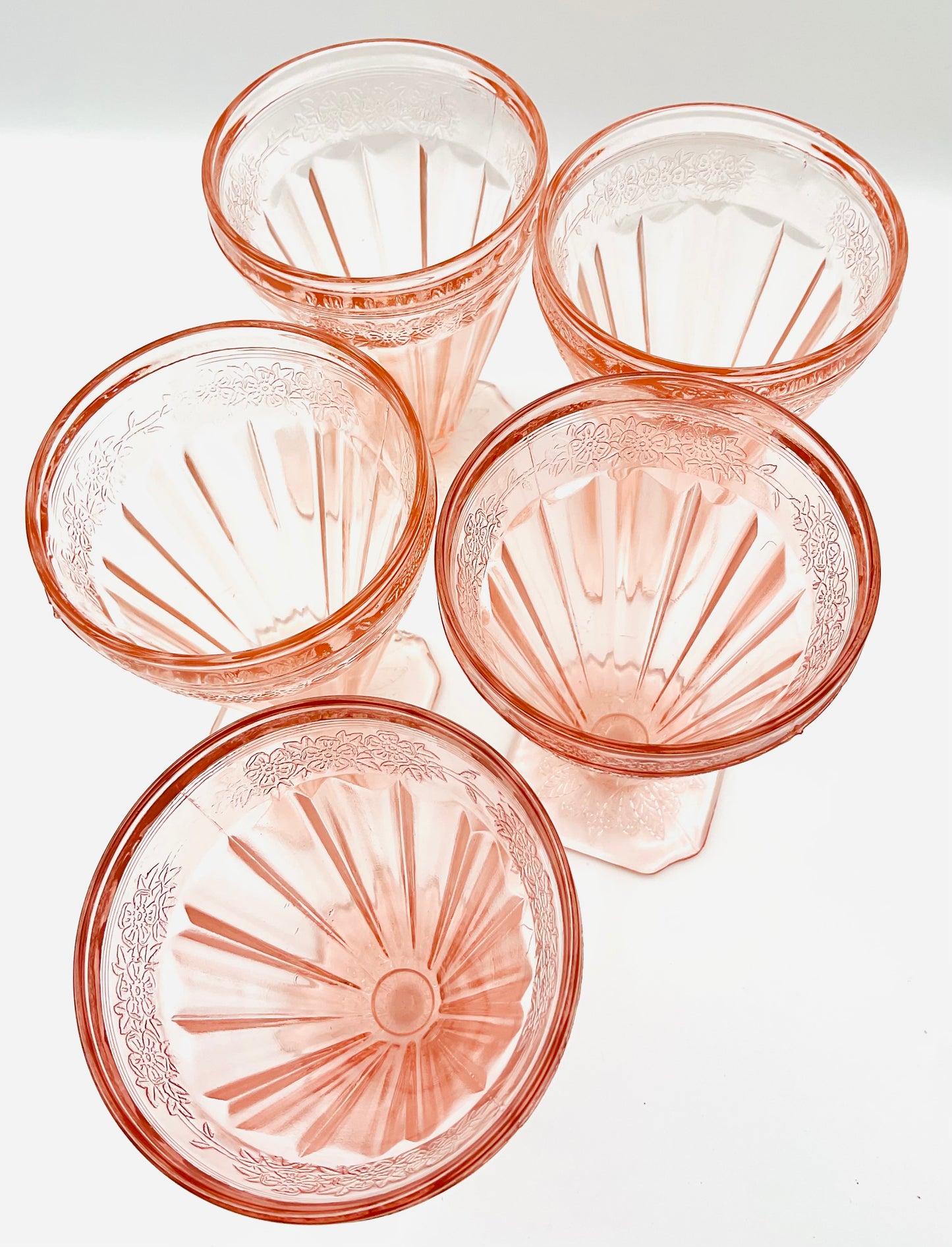 Vintage Jeannette Glass Pink Floral Blossom Square Footed Tumbler - Set of 5